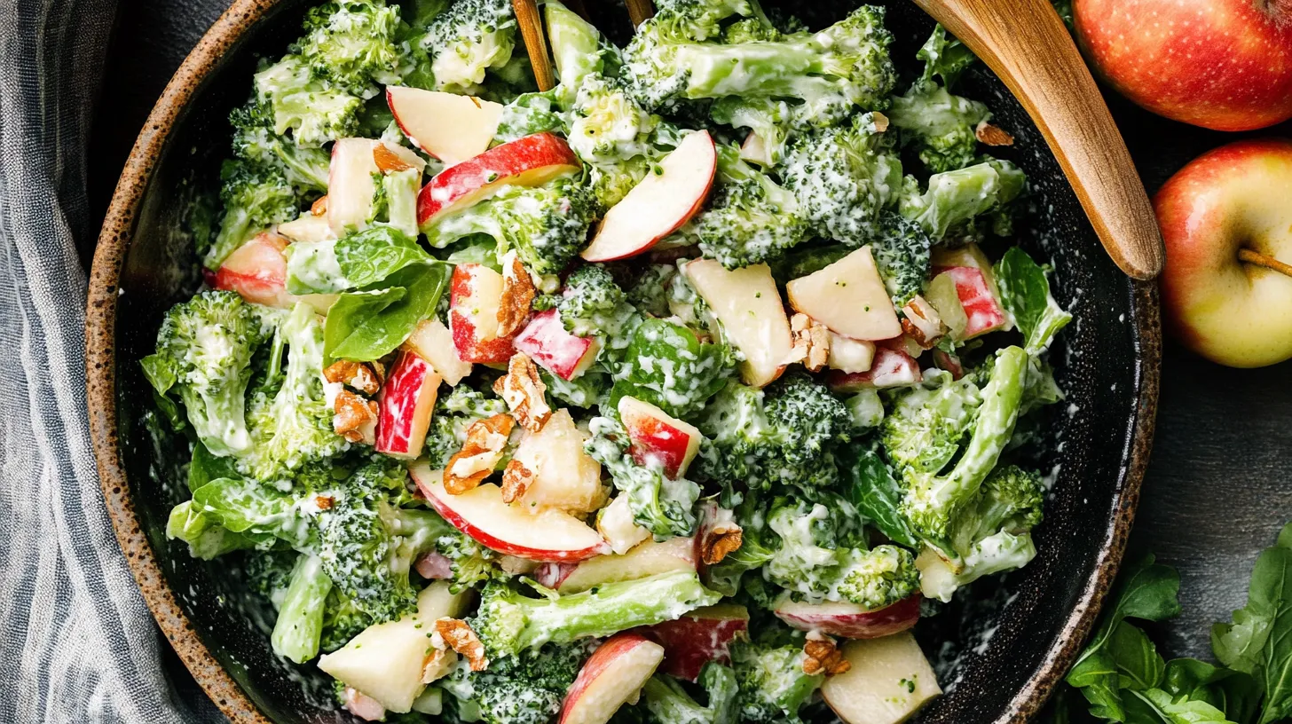 Creamy broccoli apple salad with pecans and red apple slices served in a rustic brown bowl