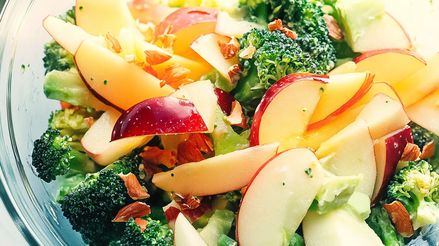 Fresh broccoli apple salad with thinly sliced red apples and chopped almonds in a glass bowl