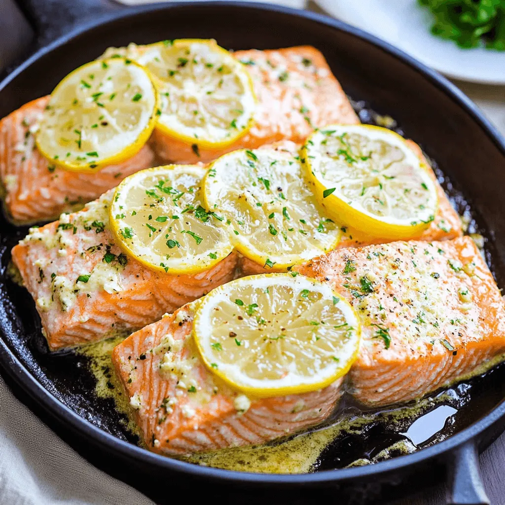 Overhead view of baked salmon with mayo in a cast iron pan with lemon and herbs