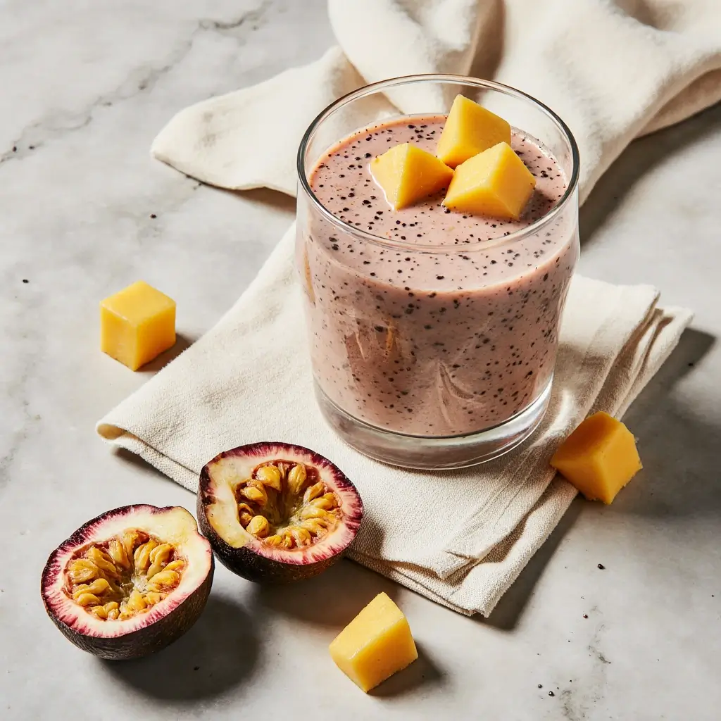 Overhead view of smoothie recipes with passion fruit on a white background