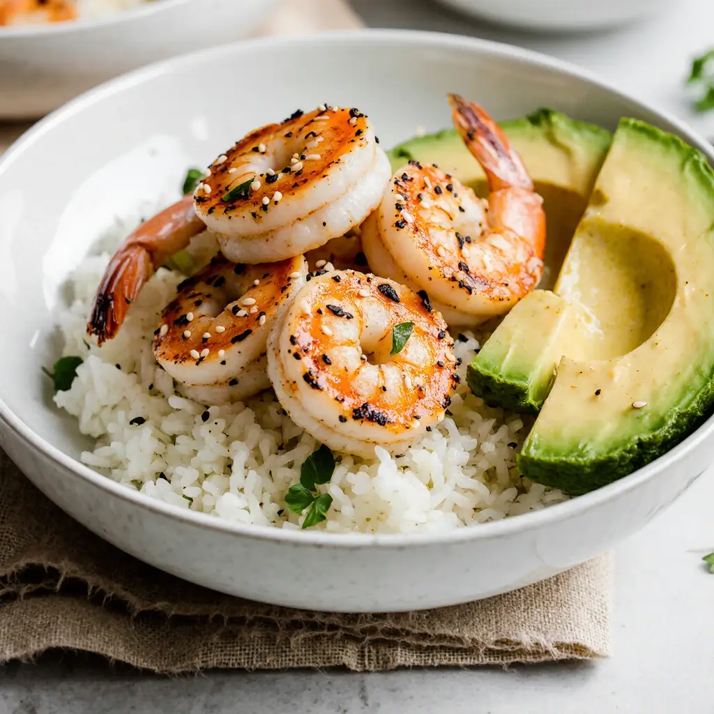 healthy shrimp bowl recipe close-up with grilled shrimp, avocado, and sesame seeds