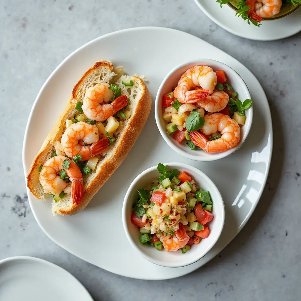 Cold shrimp recipe variations including ceviche, Mediterranean bowl, and Nordic-style toast on a white platter