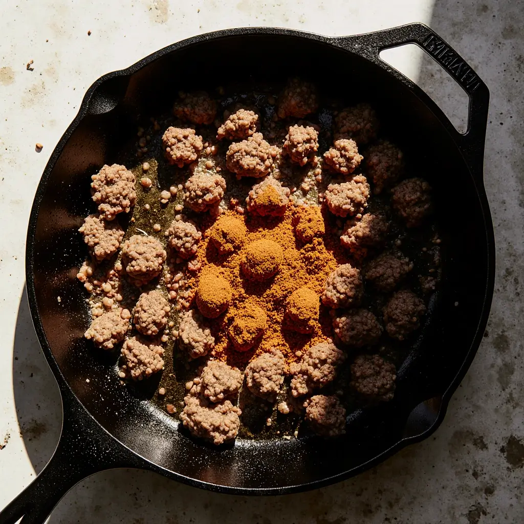 Ground beef being browned in a skillet as first step in egg ground beef recipe
