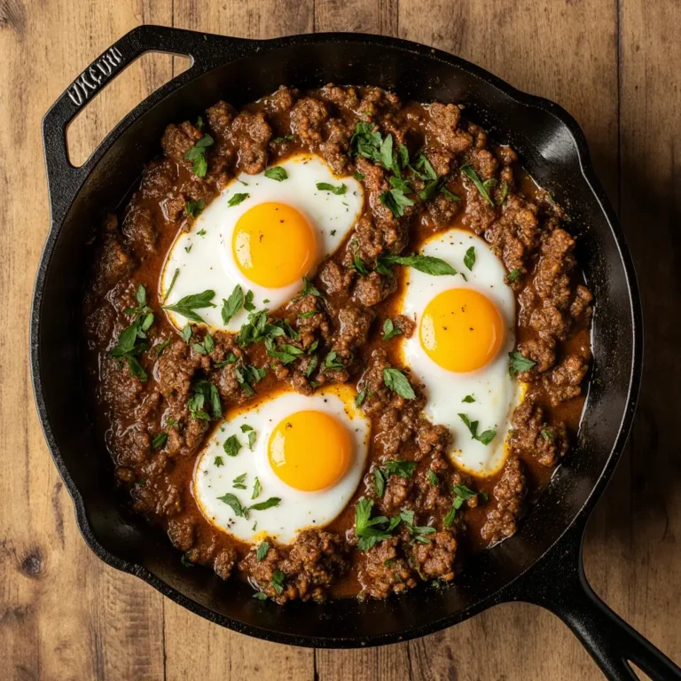 Side view of ground beef and eggs cooked in one pan with parsley and bold spices