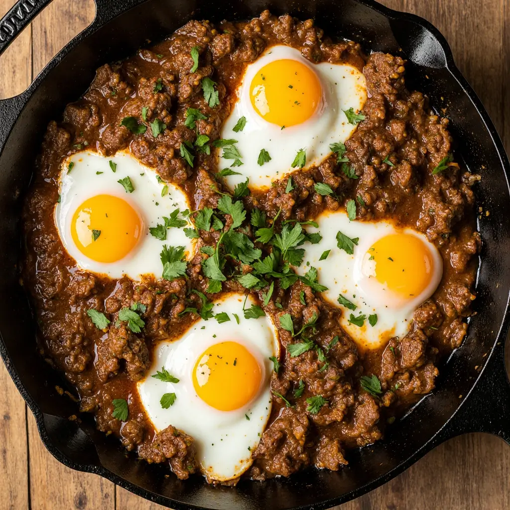 Overhead view of egg ground beef recipe with whole eggs cooked in spicy ground beef and herbs in a cast iron skillet