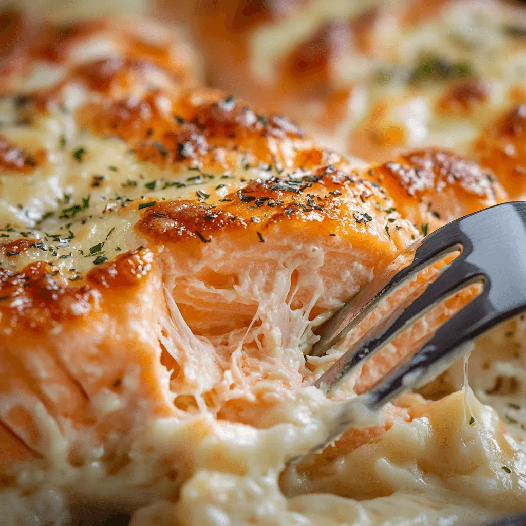 Close-up of moist flaky salmon fillet with mayo and cheese topping cut with fork