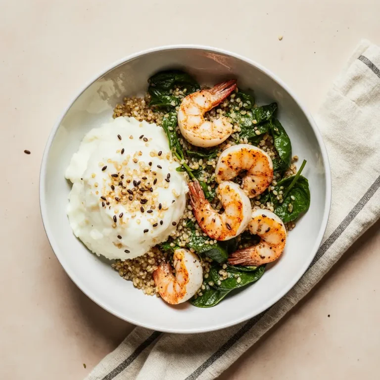 side view of healthy shrimp bowl recipe with quinoa, spinach, and grilled shrimp