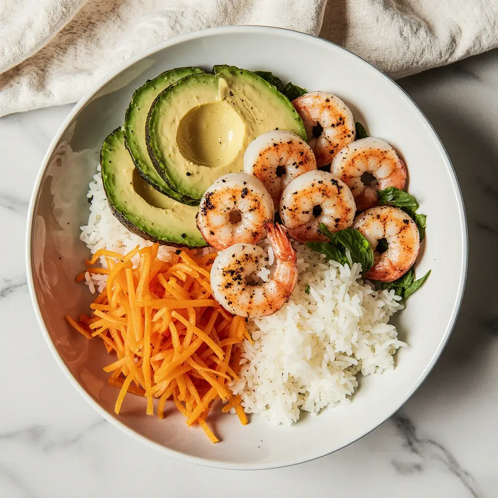 healthy shrimp bowl recipe with grilled shrimp, rice, and vegetables in a white bowl