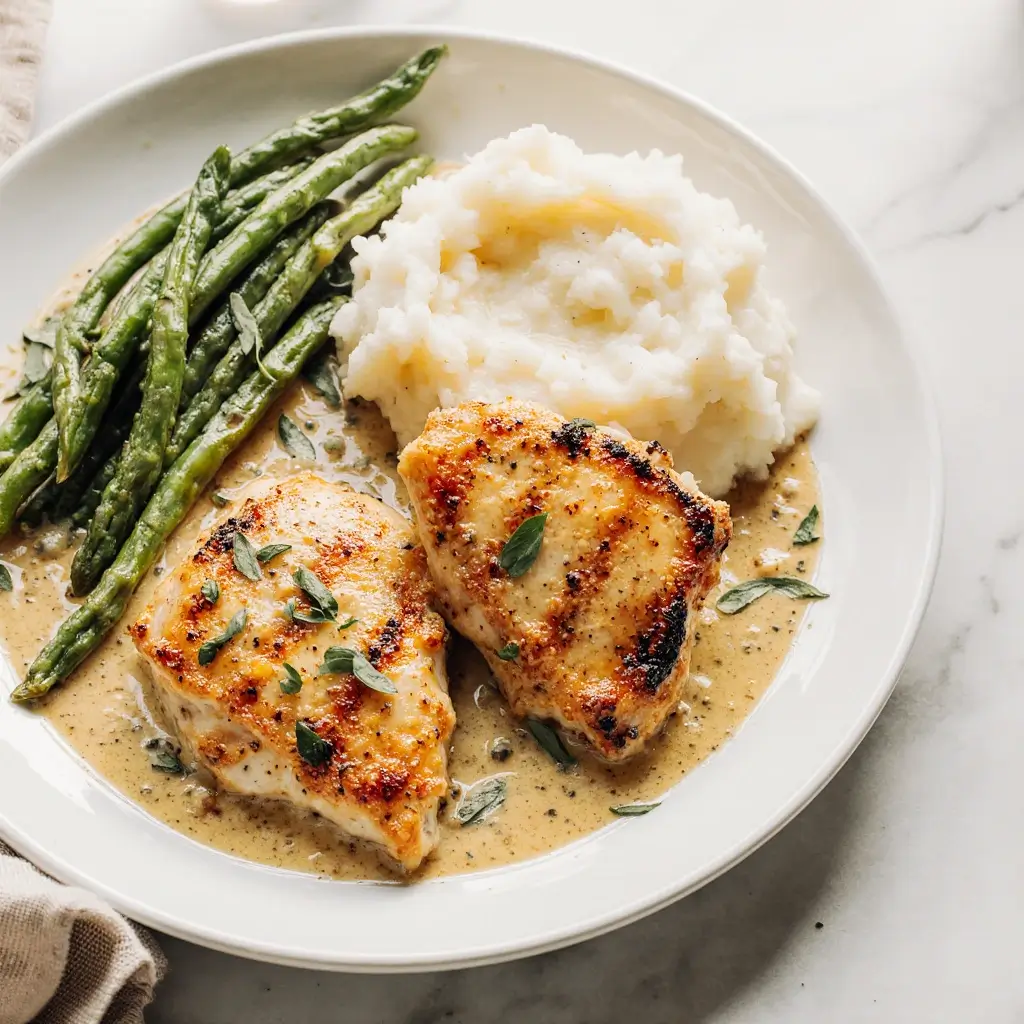 French Chicken Dijon Recipe served with mashed potatoes and green beans