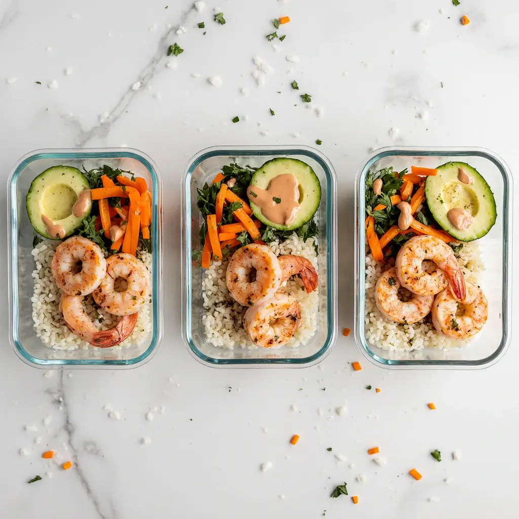 healthy shrimp bowl recipe prepped in glass containers with vegetables and rice