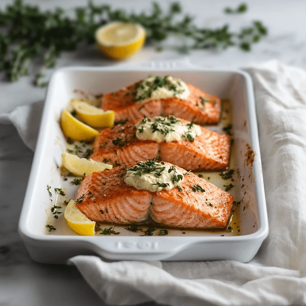 Side view of salmon fillet baked with mayo on ceramic plate with lemon and parsley