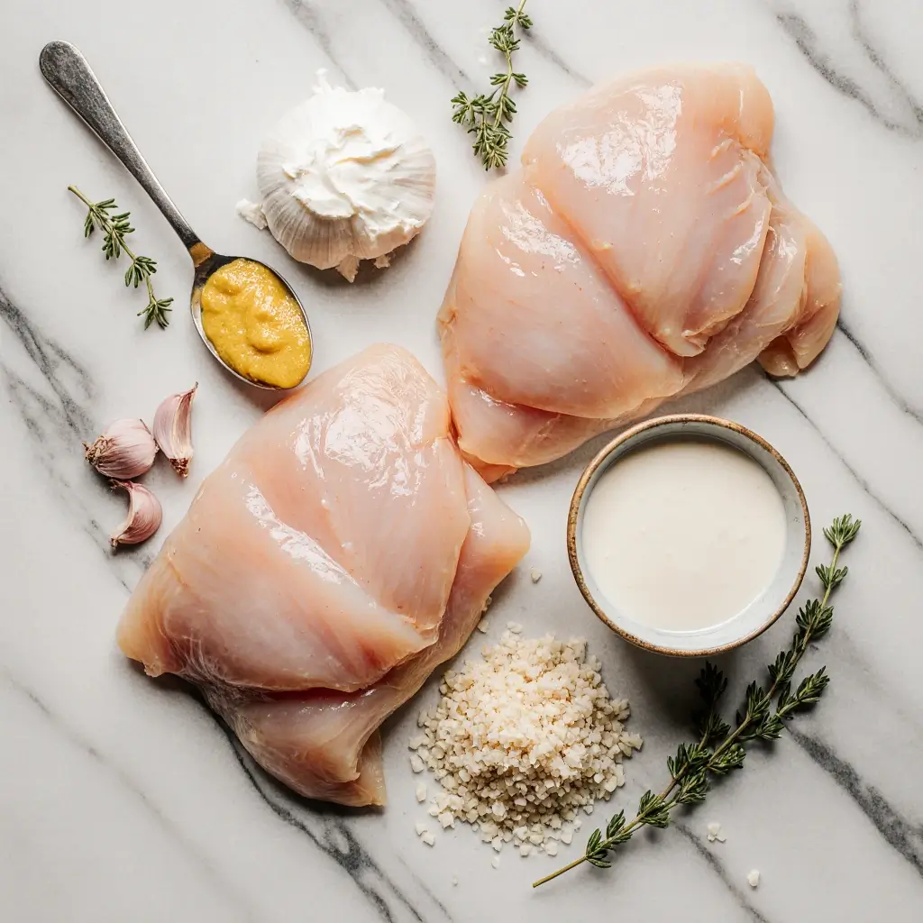 Ingredients for French Chicken Dijon Recipe on clean prep board