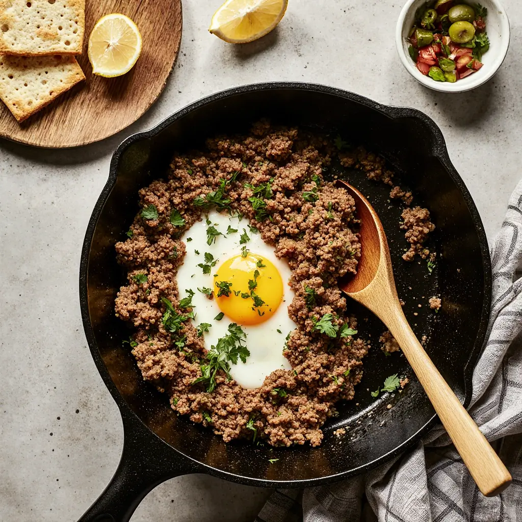 Egg ground beef recipe served in cast iron pan with pita bread and pickles