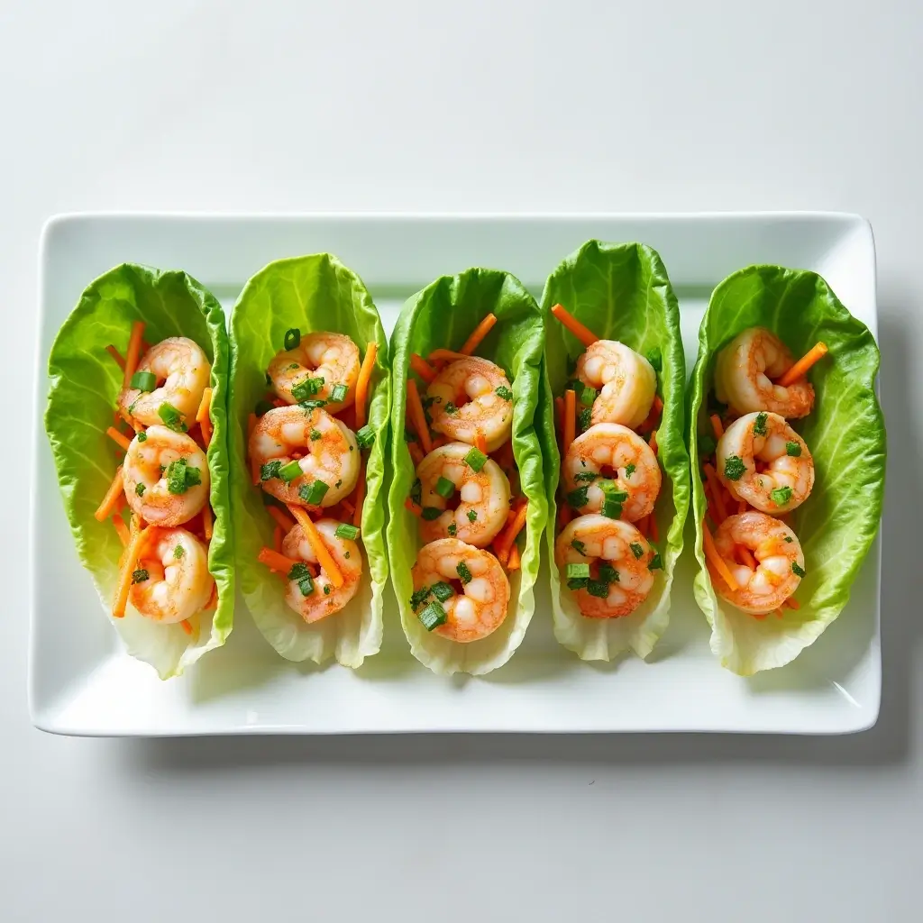 Cold shrimp recipe served in lettuce cups with carrots and green onions on a modern plate