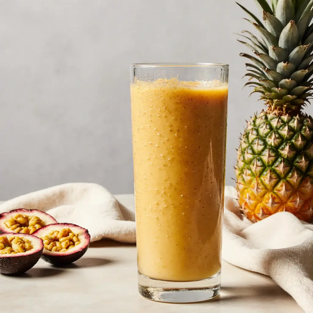 Side view of smoothie recipes with passion fruit and pineapple