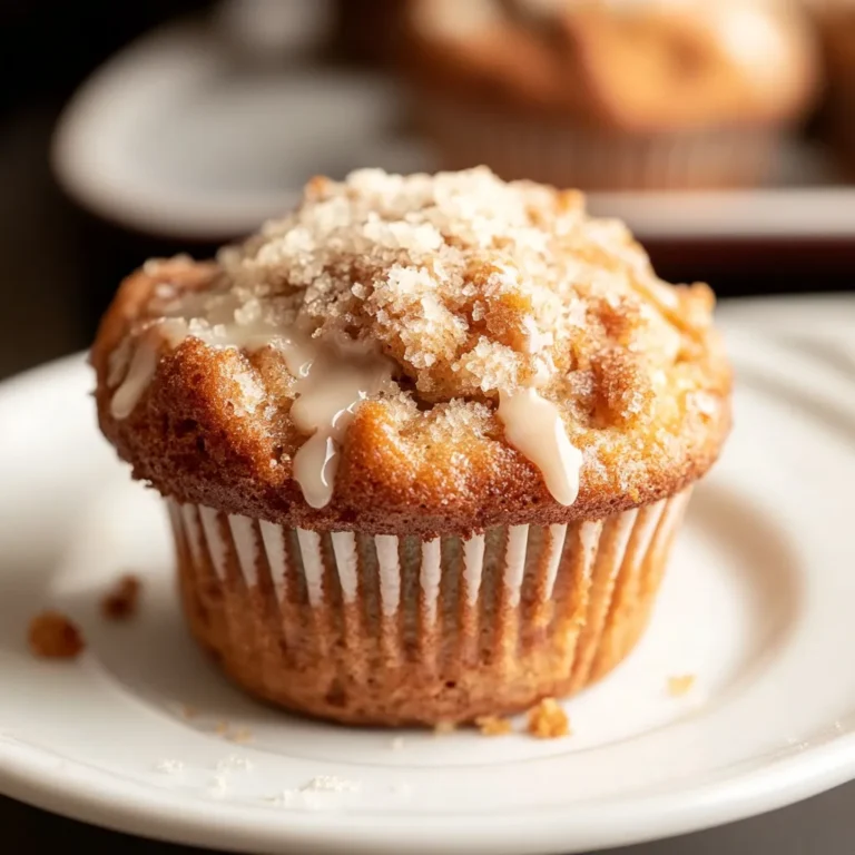 Golden brown muffin recipe coffee cake with crumb topping and melted glaze served on a white plate
