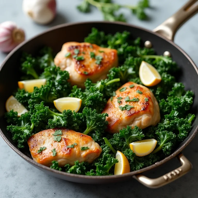 Zoomed-in skillet of kale with chicken recipes showing sautéed chicken and vibrant kale with garlic on a neutral countertop