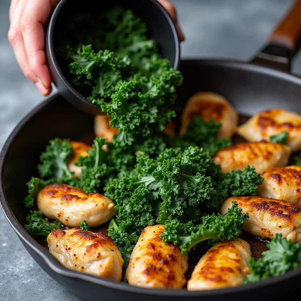 Chicken cooking in a skillet with kale being added, illustrating the step-by-step process of kale with chicken recipes