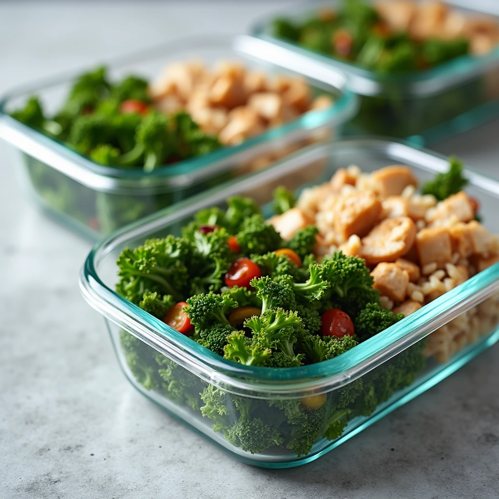 Meal prep containers filled with kale with chicken recipes, showing cooked chicken, kale, and rice arranged in glass boxes