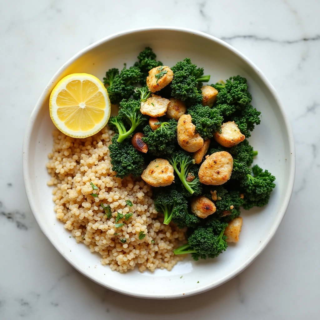Plate of kale with chicken recipe served with brown rice and lemon wedge on a white dish and clean stone surface