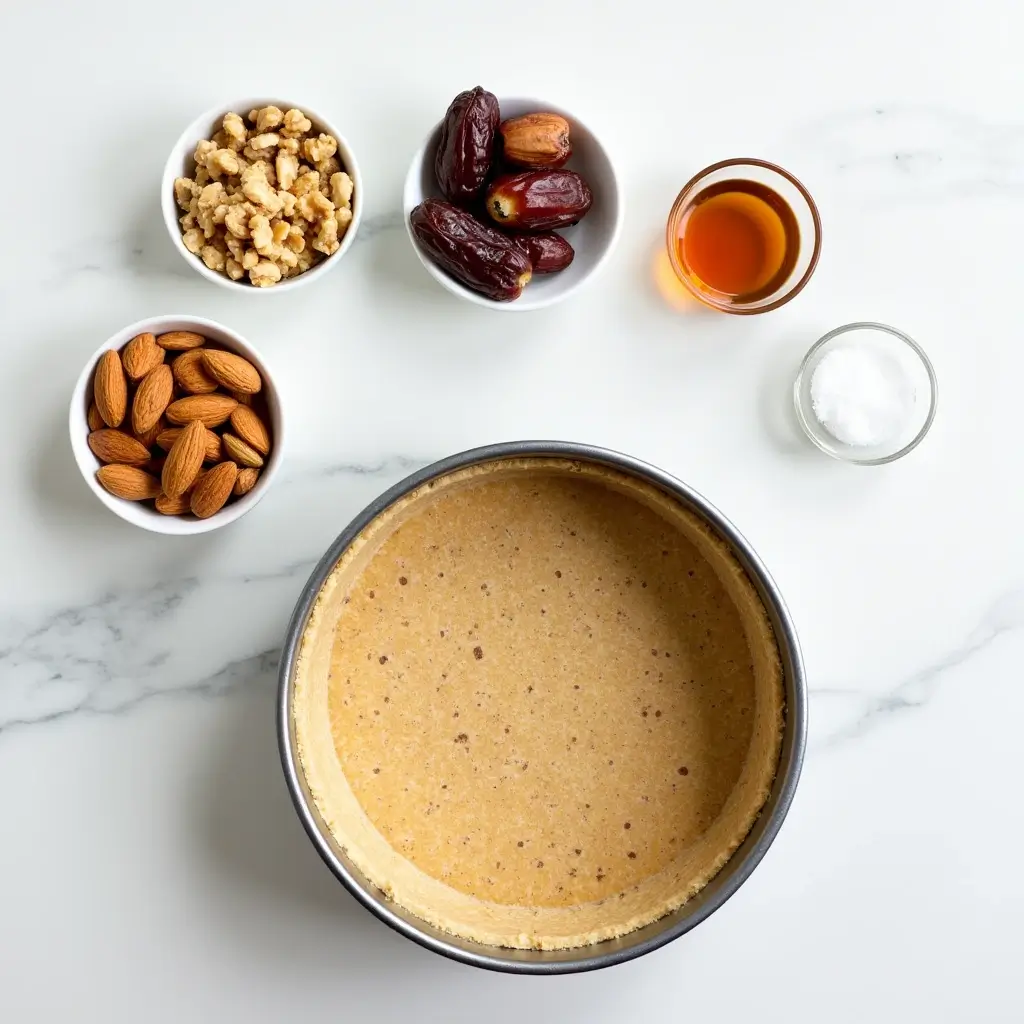 Ingredients for no bake cottage cheesecake crust including almonds, walnuts, dates, maple syrup, and sea salt with a pressed crust in a springform pan