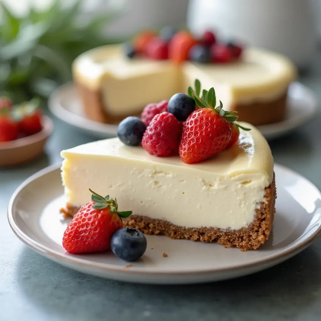 Finished slice of no bake cottage cheesecake with fresh berries on top, served on a plate with a soft background