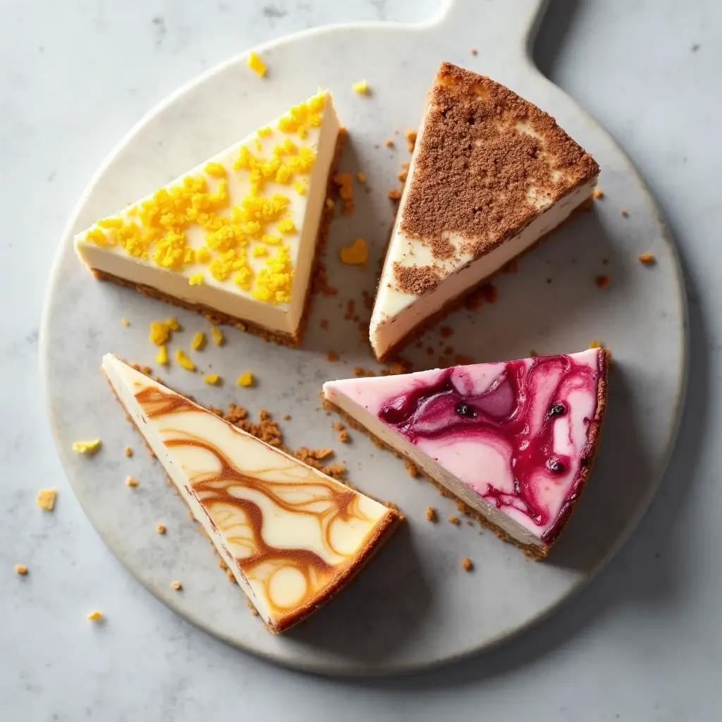 Four slices of no bake cottage cheesecake with different flavor variations: citrus zest, cocoa, espresso swirl, and berry marble on a serving board