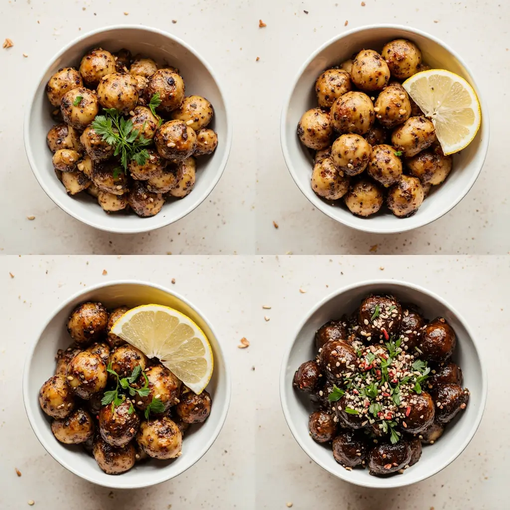 air fryer mushrooms recipe with 4 flavor variations: garlic, balsamic, spicy, soy