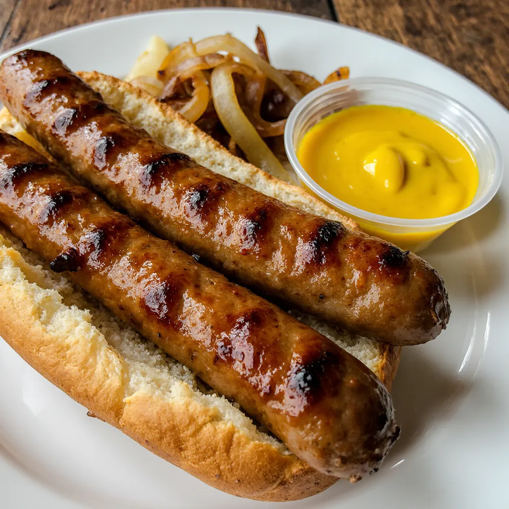 Close-up of air fryer bratwurst with mustard, grilled onions, and pretzel bun on rustic kitchen plate