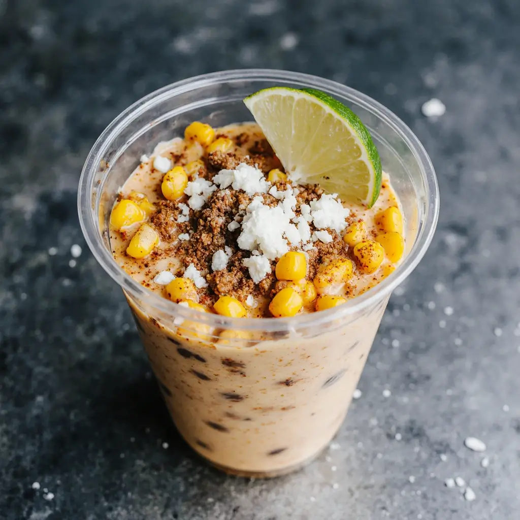 Close-up of elote en vaso in a clear cup with lime, crema, and Cotija cheese on rustic background
