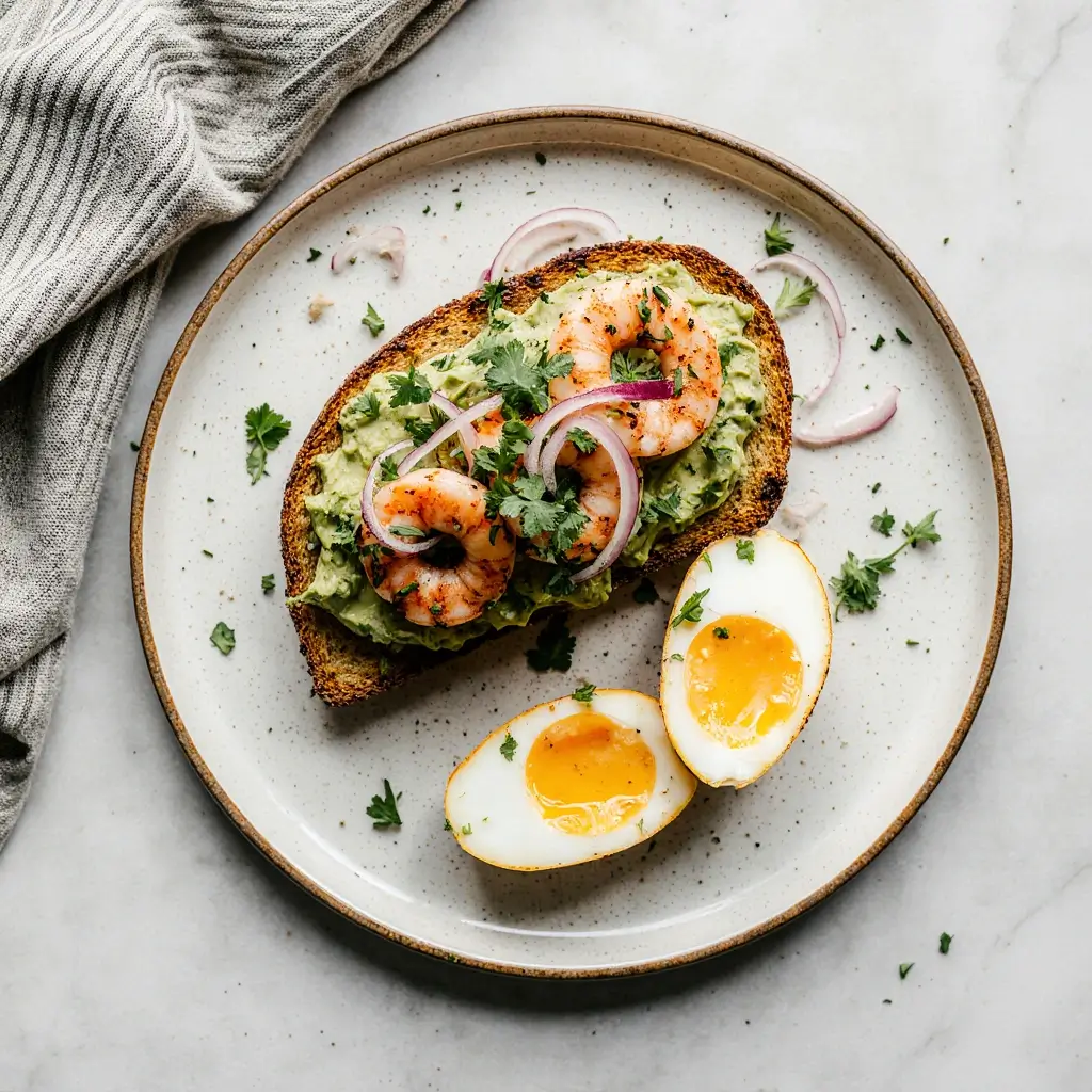 Overhead view of shrimp brunch recipe with cheddar grits in cast iron skillet