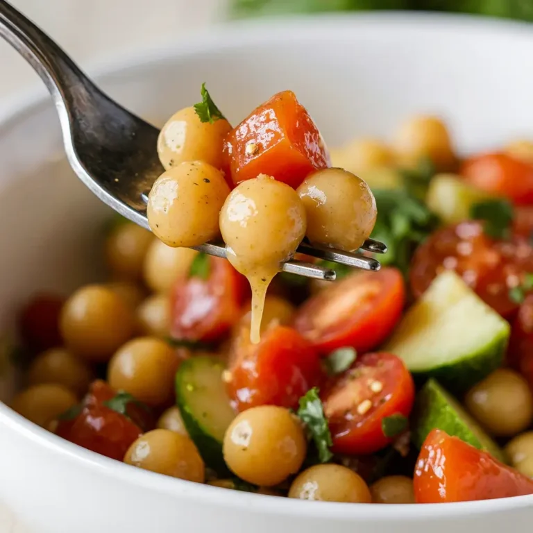 Zoomed-in forkful of tomato and chickpea salad showing texture and fresh herbs