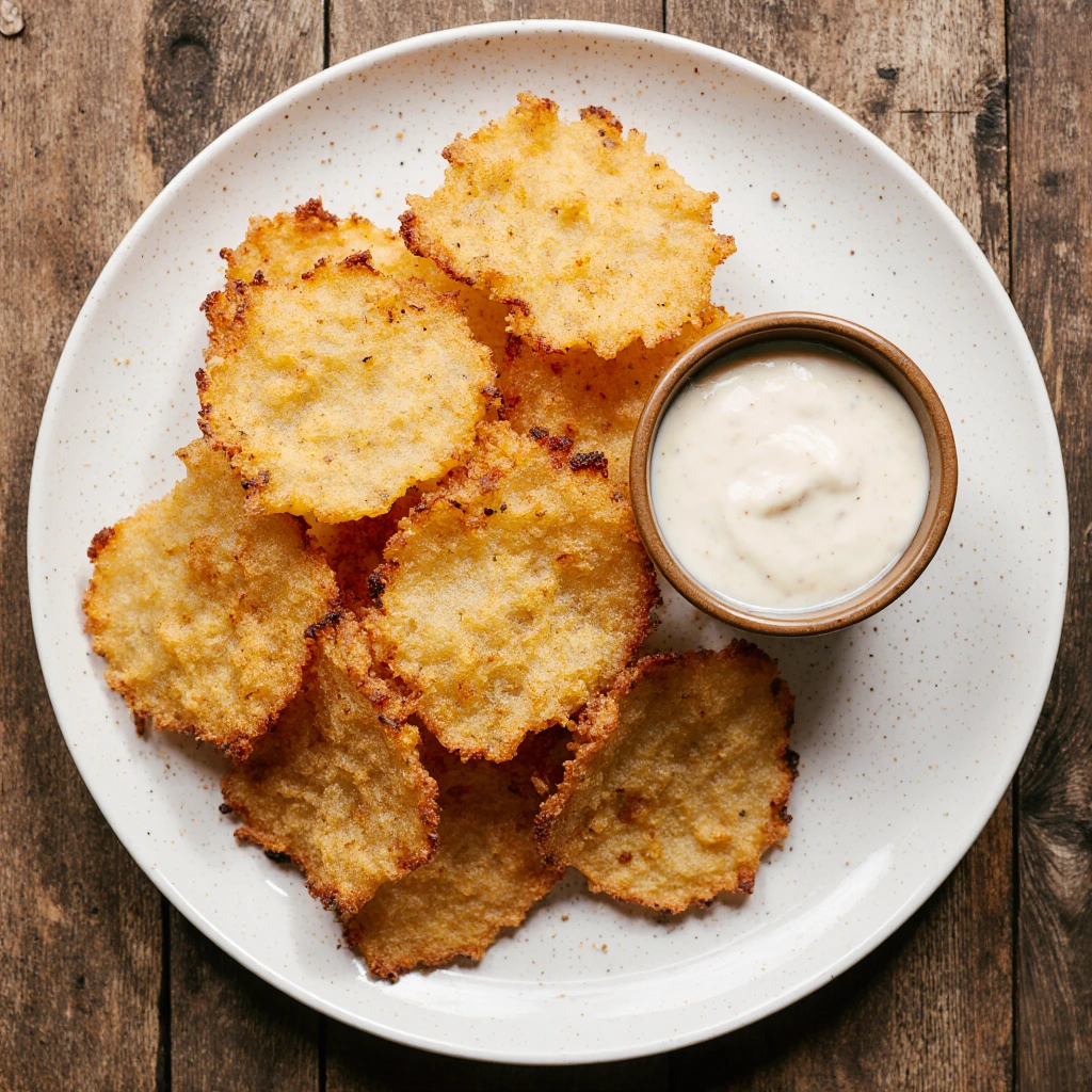 Homemade crispy cottage cheese chips recipe served on a white plate with dipping sauce, high-protein low-carb snack option