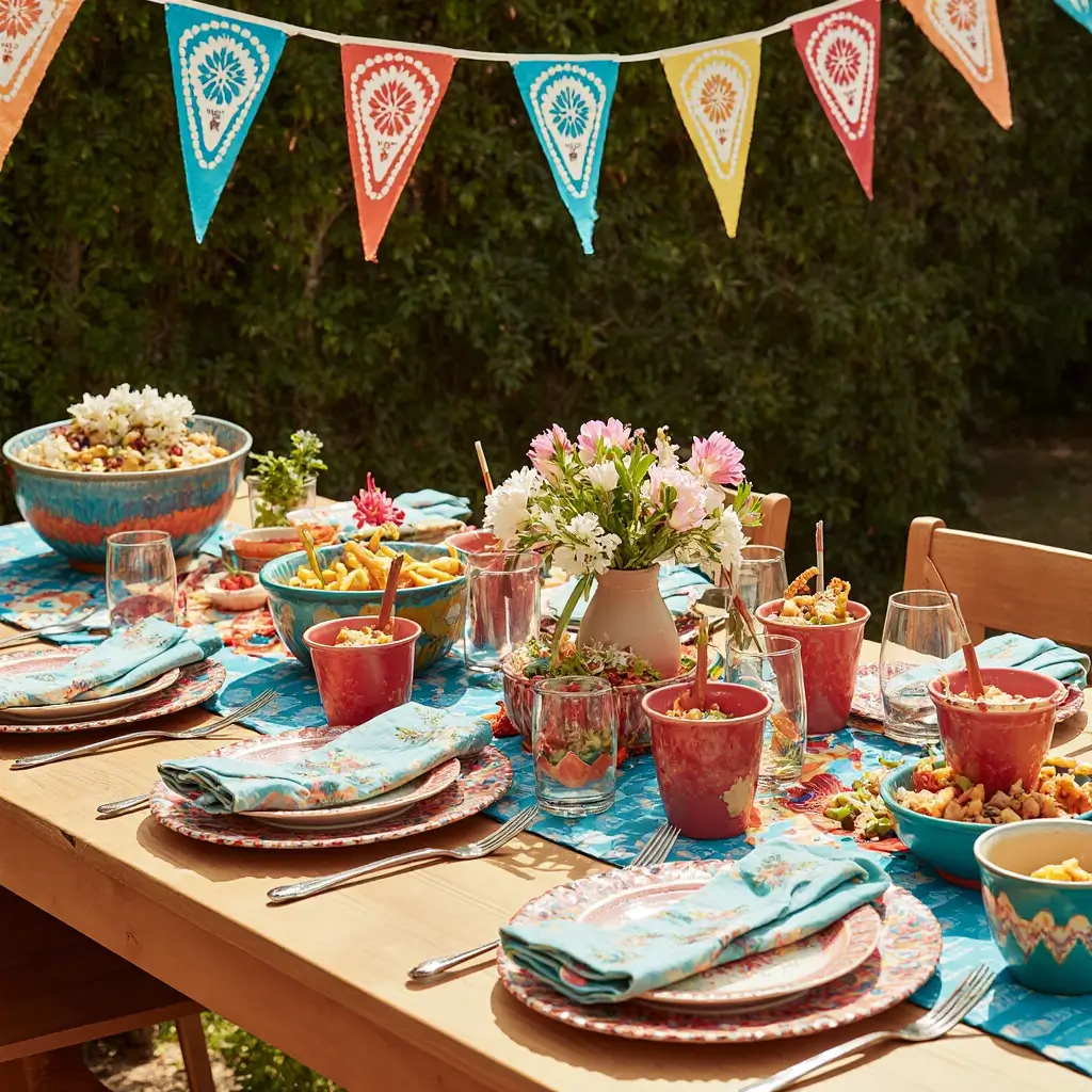 Table filled with mini elote en vaso cups at a colorful fiesta setting with Mexican decor