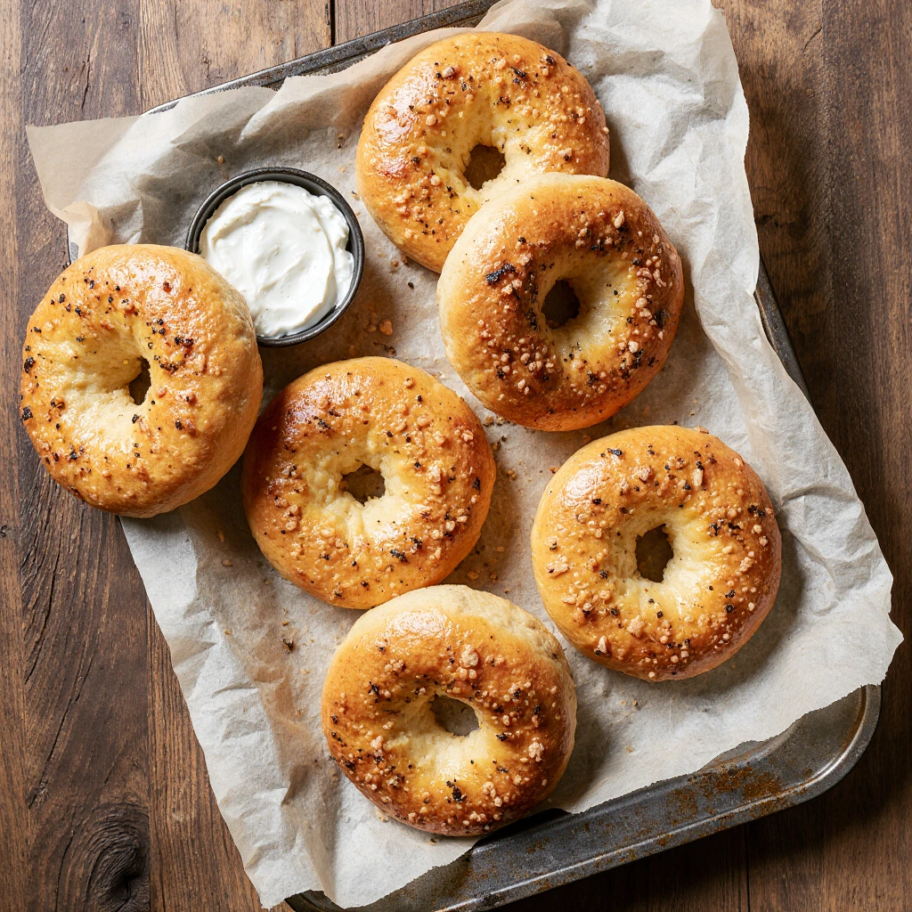 Golden brown high protein cottage cheese bagels on a parchment-lined tray with cream cheese spread on the side, soft and chewy homemade bagels recipe.