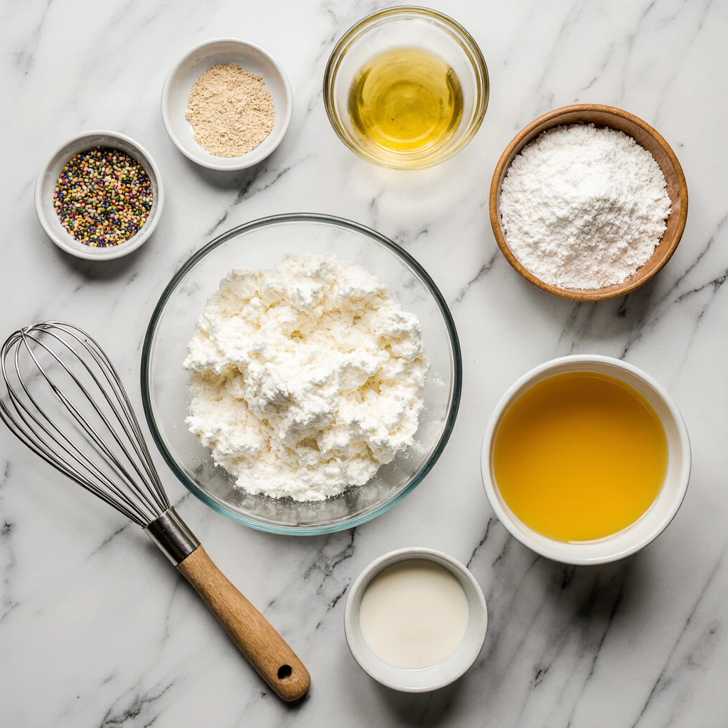 Flat lay of ingredients for high protein cottage cheese bagels, including cottage cheese, flour, eggs, and seasoning on a white kitchen counter, ready to make healthy bagels.