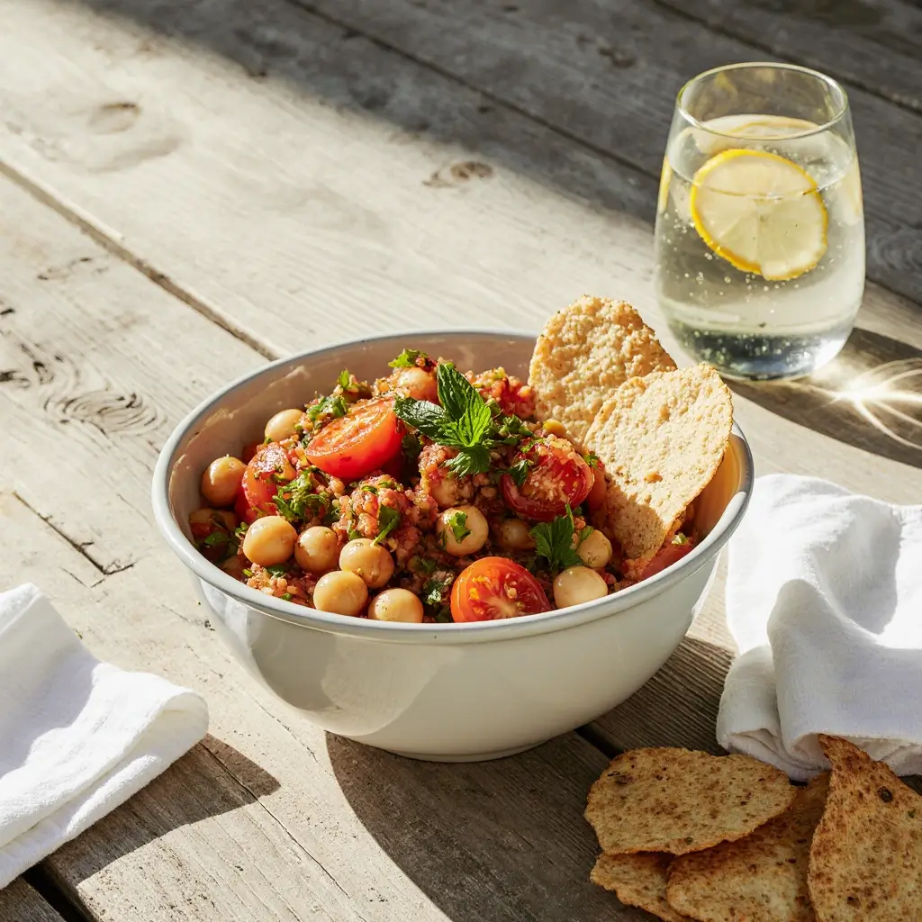 Tomato and chickpea salad served in an enamel bowl at a summer picnic table