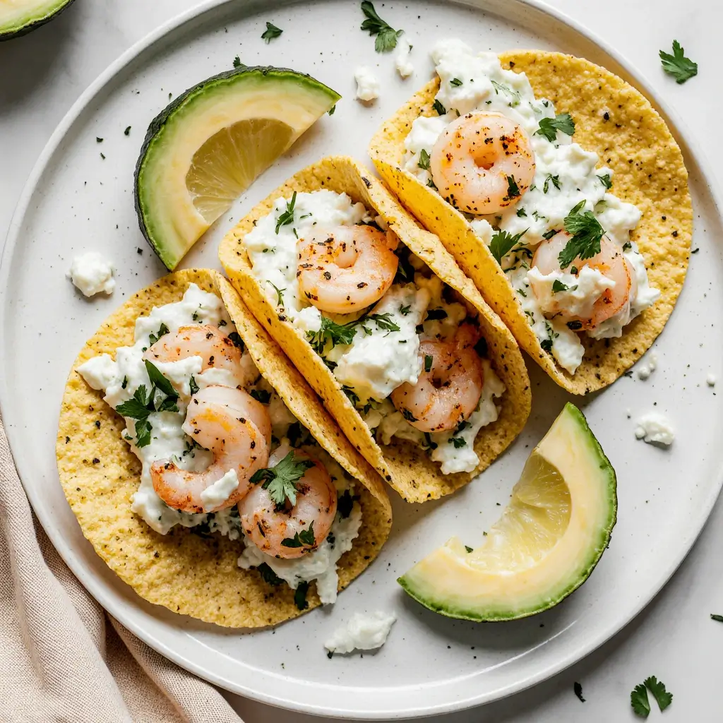 Shrimp brunch recipe with soft tacos and lime wedges on white platter