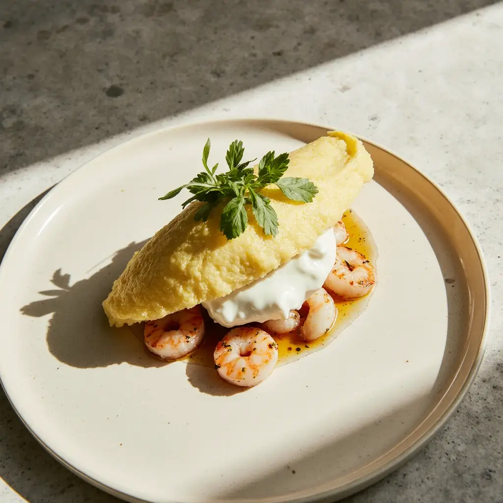 Fluffy shrimp omelet brunch recipe with goat cheese and herbs