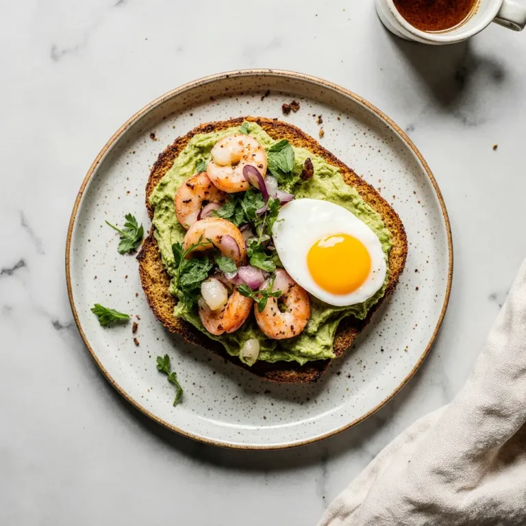 Shrimp brunch recipe with avocado toast and soft-boiled egg