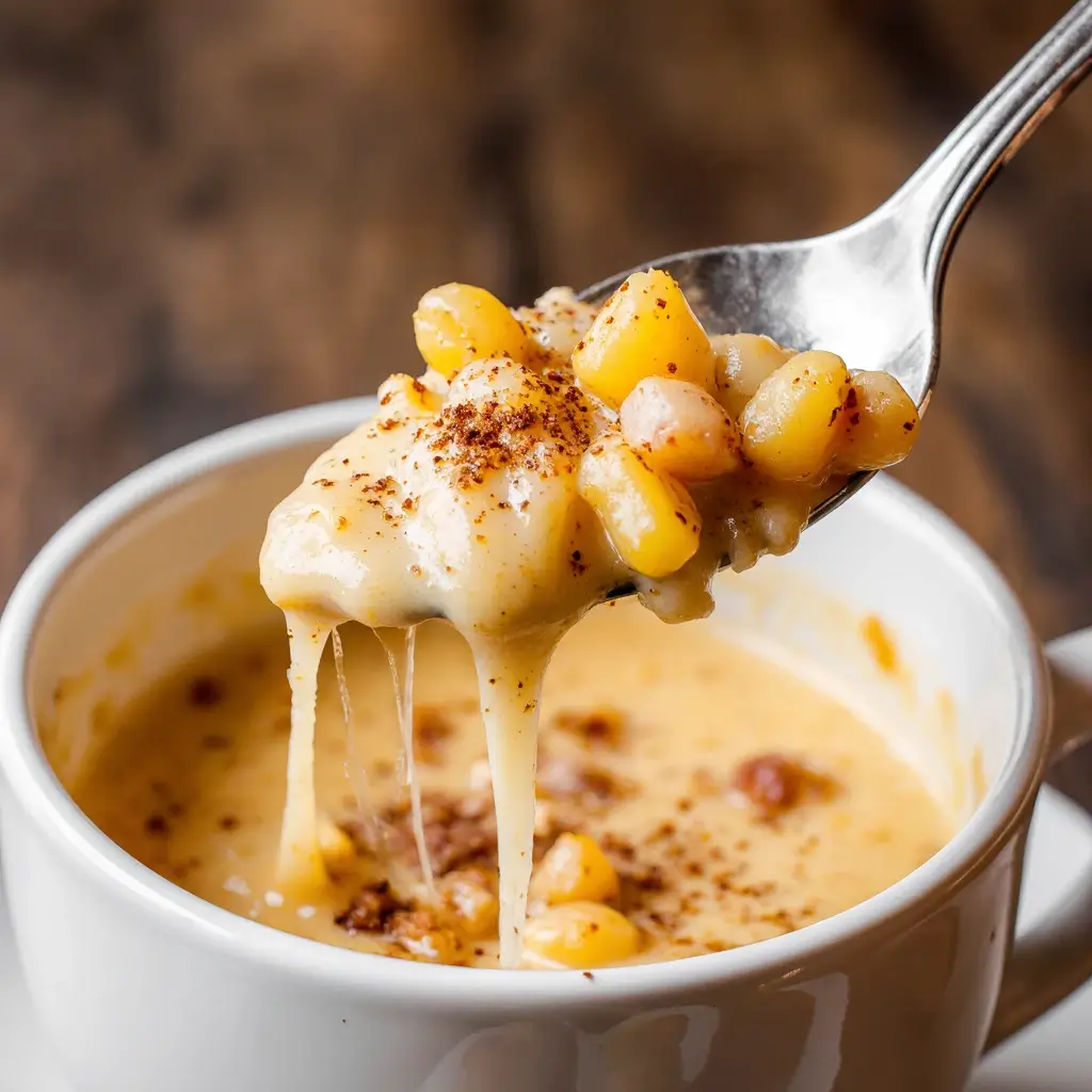 Spoon lifting creamy corn mixture from Mexican elote en vaso cup with cheese and chili