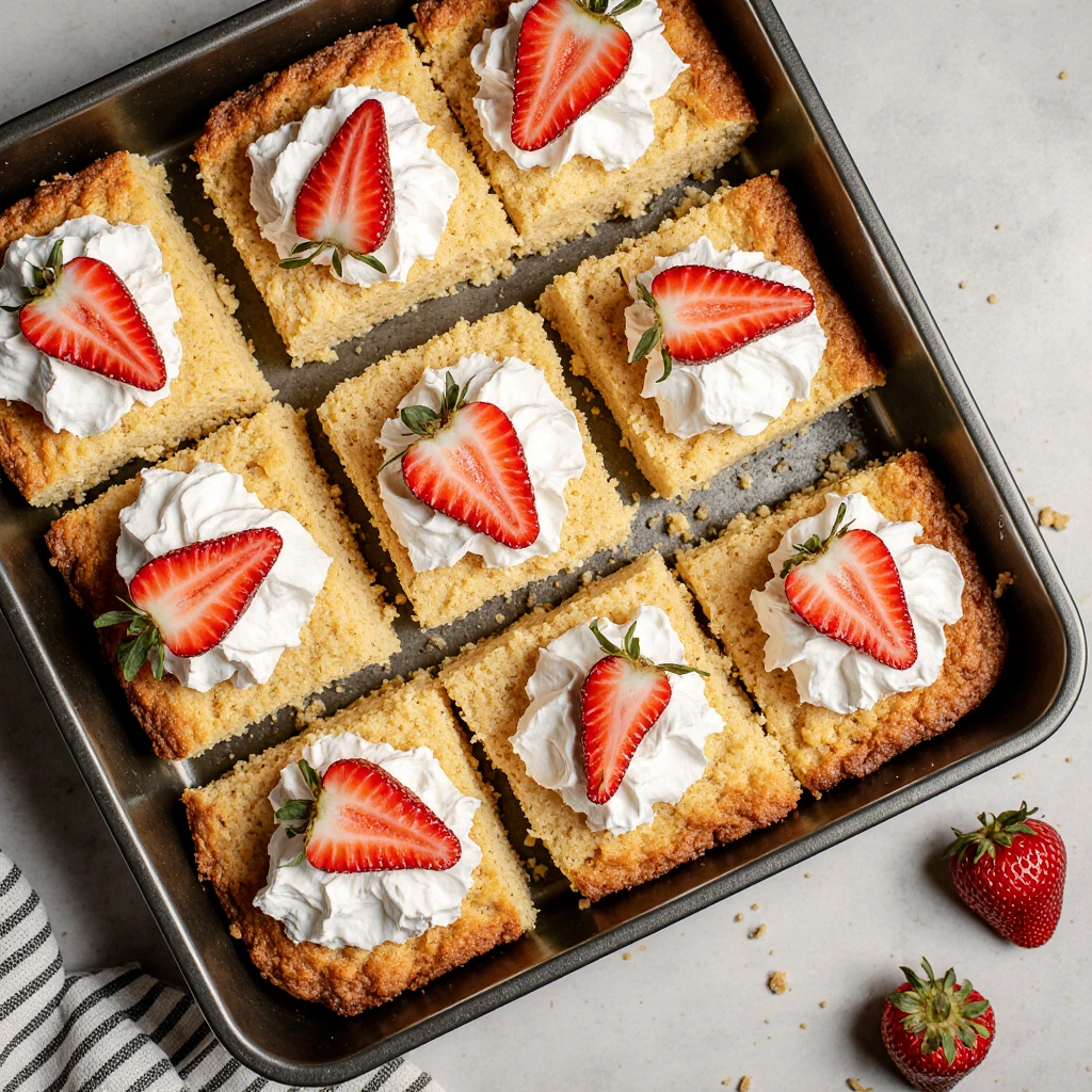 Freshly baked strawberry sheet shortcake cut into squares, topped with whipped cream and strawberries on a modern kitchen counter.
