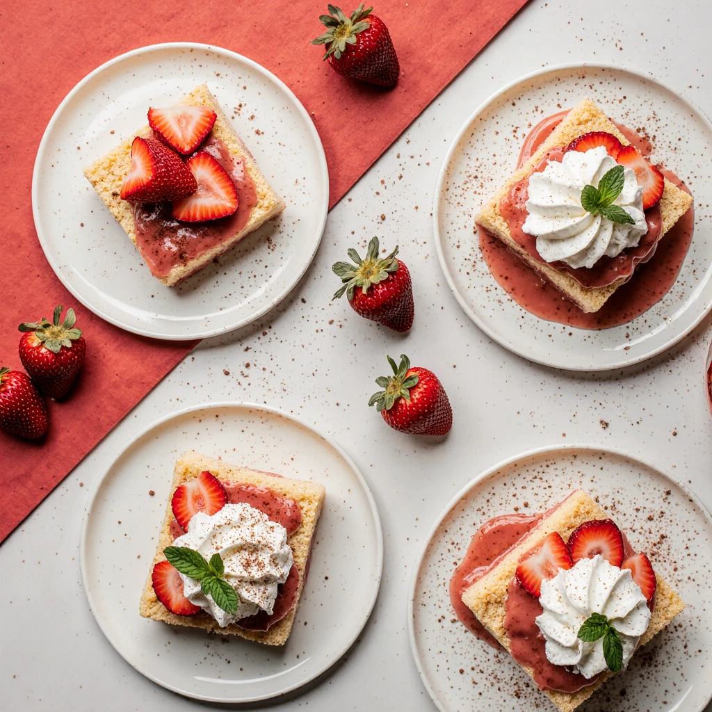 Different serving variations of strawberry sheet shortcake on white plates, including classic whipped cream topping, vanilla pudding layer, and a cinnamon-sprinkled slice, garnished with fresh strawberries and mint leaves on a bright kitchen table.