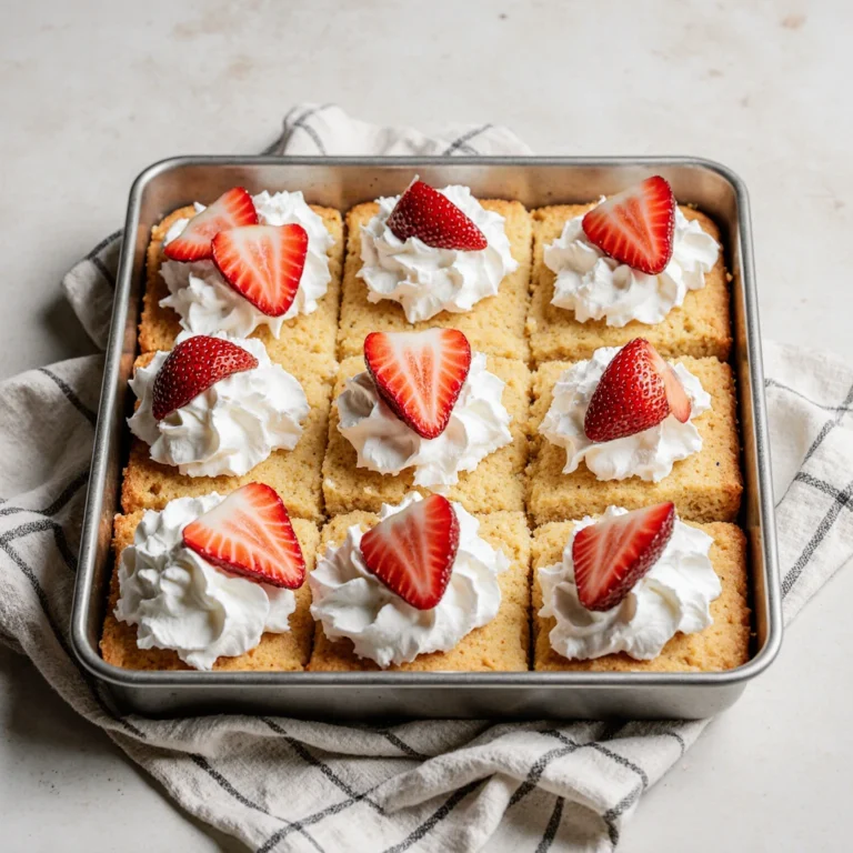 Freshly baked strawberry sheet shortcake cut into squares, topped with whipped cream and strawberries on a modern kitchen counter.