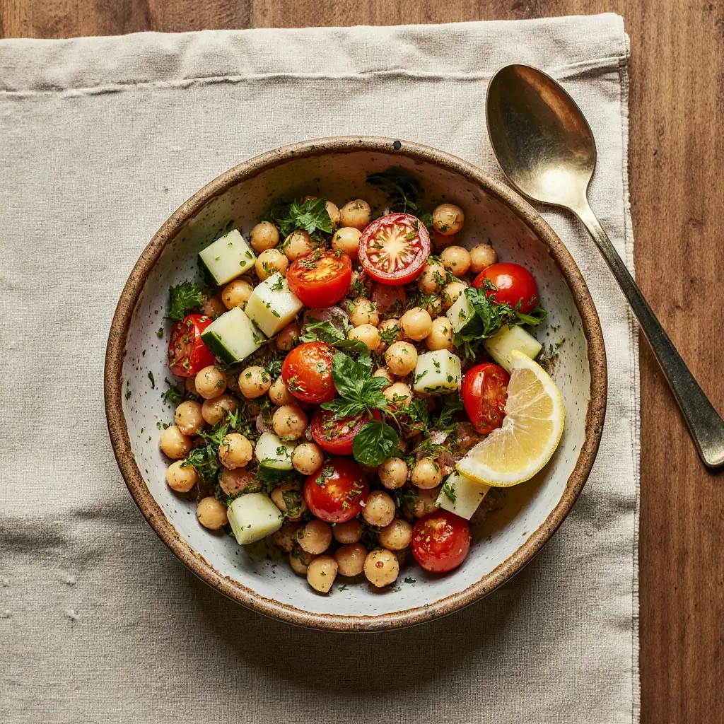 Overhead view of fresh tomato and chickpea salad in a rustic ceramic bowl