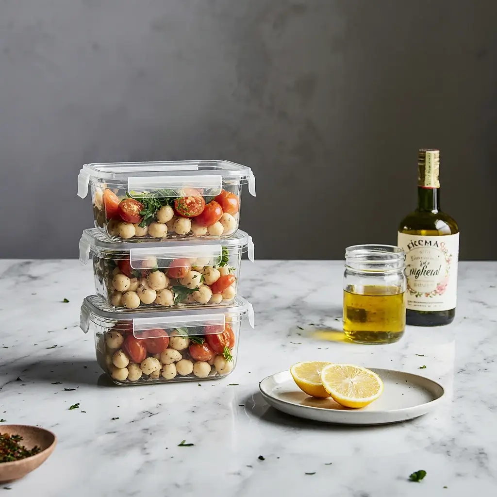 Meal prep containers filled with tomato and chickpea salad on a white countertop