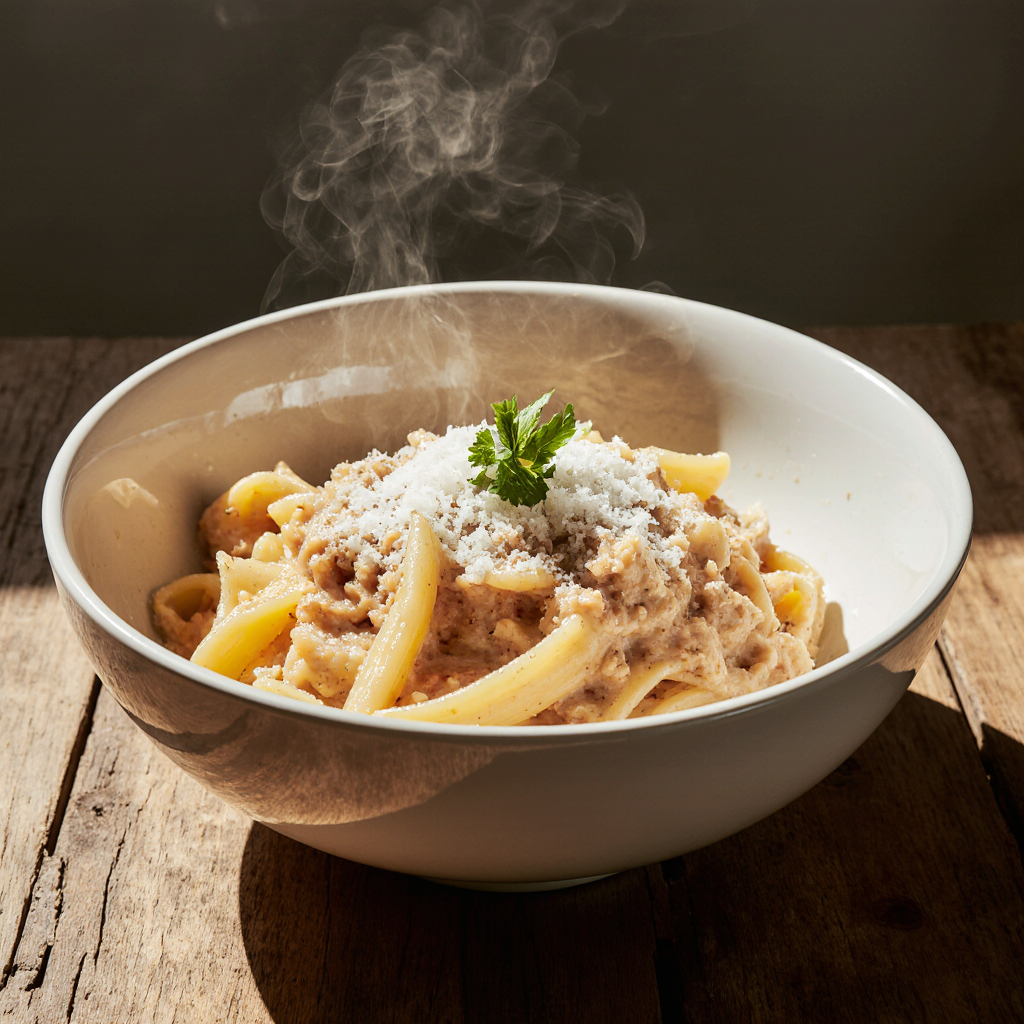 Creamy cottage cheese Alfredo sauce recipe served over fettuccine pasta, topped with grated parmesan and parsley in a white bowl, high protein low calorie dinner idea.