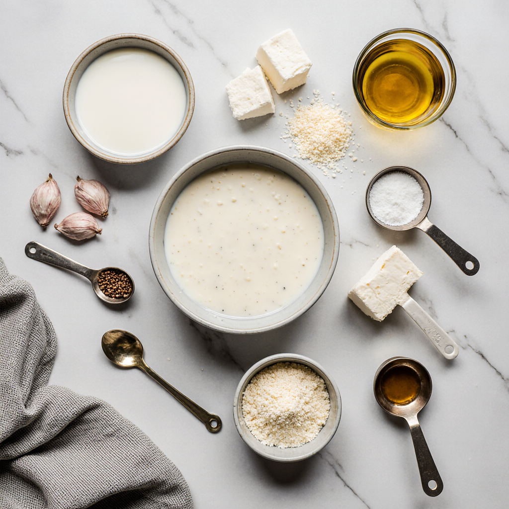 Flat lay of ingredients for cottage cheese Alfredo sauce recipe including cottage cheese, milk, parmesan cheese, garlic, and spices arranged on a white marble surface, healthy high protein pasta sauce prep.