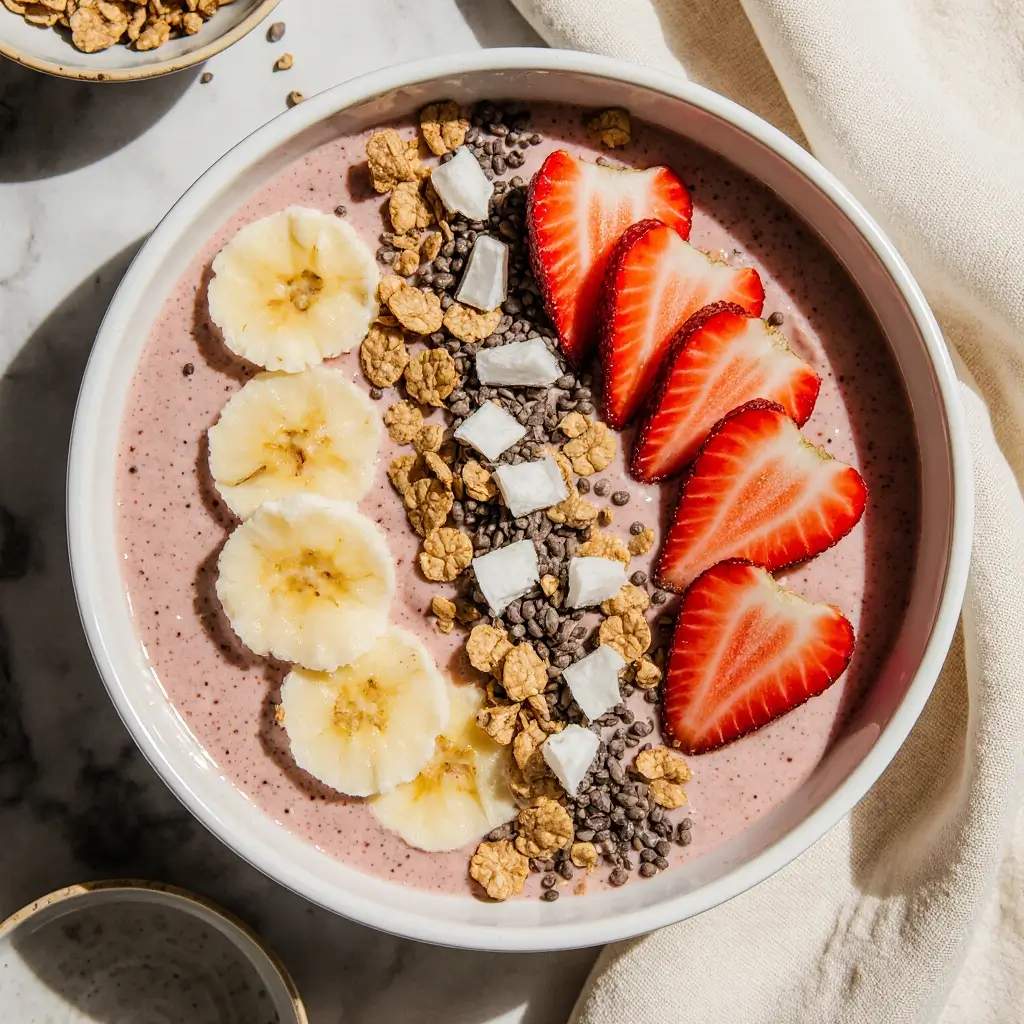 Overhead view of a thick strawberry banana smoothie bowl topped with sliced fruit, granola, and chia seeds, served in a white bowl on a marble surface