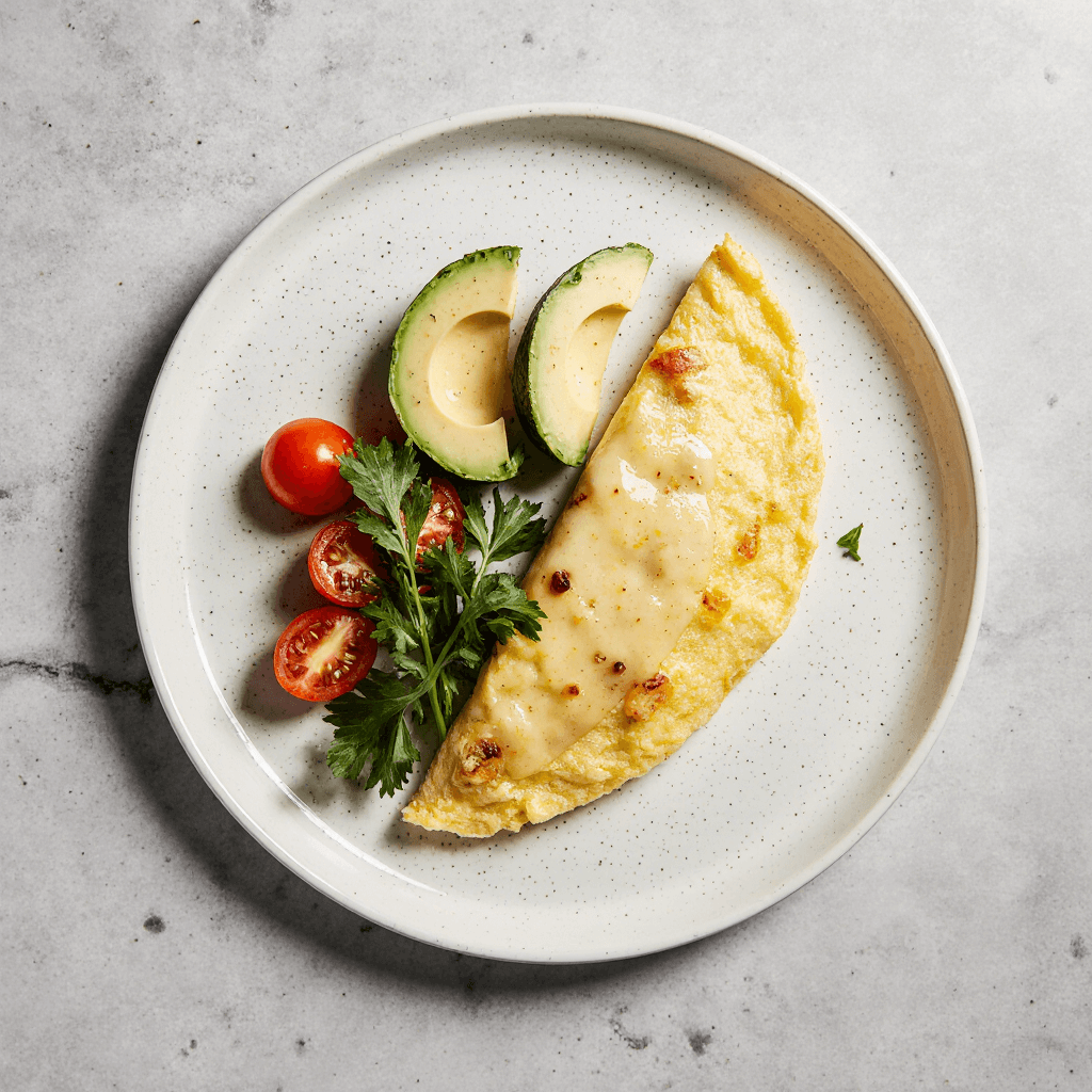 Plated cheesy omelette served with avocado, tomatoes, and herbs on a modern plate